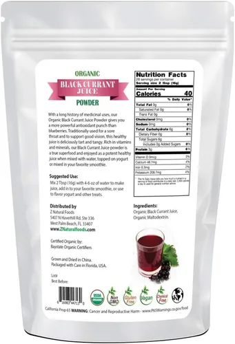Miniatura 2 de Z Natural Foods Polvo de Jugo Orgánico de Grosella Negra, Suplemento de Bayas Superalimento, Mezcla en Licuados, Batidos, Té, Recetas de Cocina