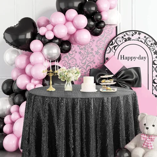 Miniatura 2 de Pufogu Mantel redondo de lentejuelas negras de 50 pulgadas con purpurina negra para decoración de cumpleaños, boda, despedida de soltera, baby