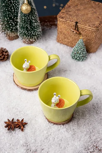 Miniatura 4 de Taza de Cerámica de Caracol DIHOclub Taza de Caracol Oculta con Animal 3D Dentro, Serie Jardín Figura Hecha a Mano (Verde Manzana)