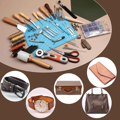 Miniatura 7 de SOCNITC Herramientas de artesanía de cuero, kit de trabajo de cuero con broches y remaches, herramientas de estampado, herramientas de costura, hilo