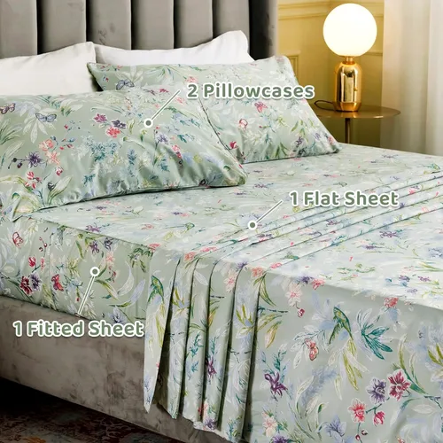 Miniatura 5 de QSH Juego de sábanas tamaño King con estampado floral - Estampado botánico de flores verdes, pájaros y mariposas, ropa de cama de algodón egipcio