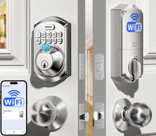 TEEHO TE012W-K - Cerradura de puerta de entrada inteligente sin llave WiFi con asa, perilla de puerta de huellas dactilares y teclado digital,