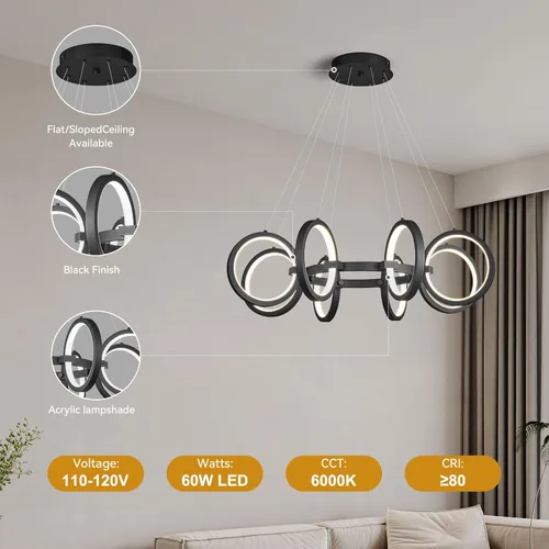 Miniatura 8 de Moderno candelabro LED regulable redondo, lámparas colgantes de 8 anillos, lámparas colgantes ajustables para cocina, isla, sala de estar, comedor