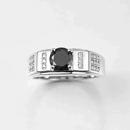 Miniatura 2 de Anillo de plata de ley 925 con relleno de corte redondo, topacio negro de imitación, anillo de compromiso de boda de alto pulido para mujer
