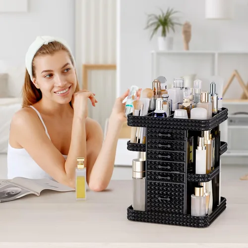 Miniatura 8 de Organizador de maquillaje giratorio de 360 grados para tocador, organizador grande para el cuidado de la piel con 6 cajones, organizador