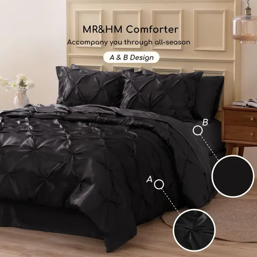 Miniatura 6 de MR&HM Edredón de satén California King de 7 piezas, color negro, lujoso juego de ropa de cama plisado con edredón, sábana encimera, sábana bajera