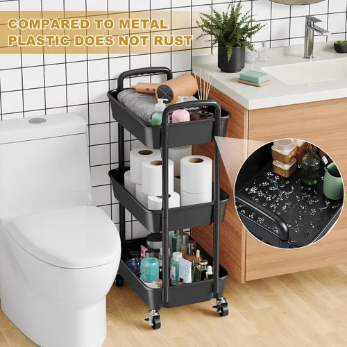 Miniatura 5 de Carrito rodante de 3 niveles con ruedas, carrito organizador de estantes de plástico negro de tres niveles con ruedas con cerradura, pequeño carrito