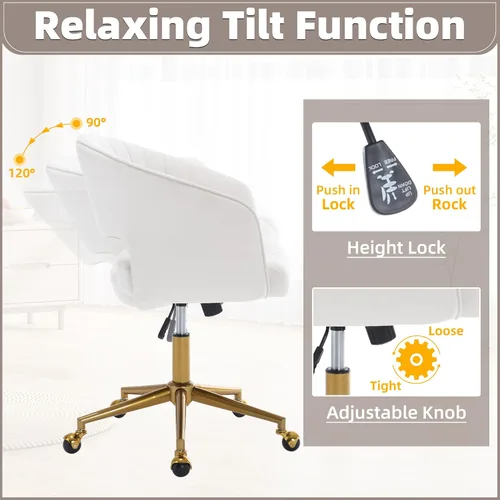 Miniatura 4 de ABET Silla de escritorio con ruedas, silla de terciopelo para oficina en casa, sillón giratorio con base dorada, sillas decorativas modernas Crema