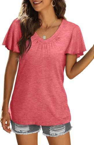 Miniatura 2 de SAMPEEL Camisetas de verano para mujer, estilo casual, con cuello en V, camisas de manga corta fluidas 2023 a la moda