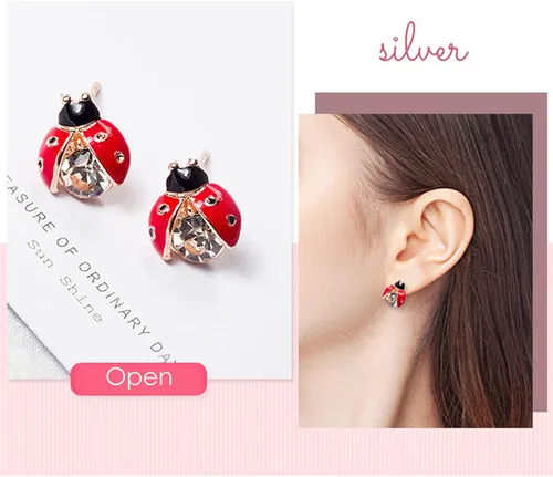 Miniatura 5 de 2 pares de pendientes de mariquita con circonita cúbica para mujer, diseño de insectos y mariquitas, diseño de lunares, color negro, rojo