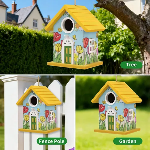 Miniatura 4 de Casas de madera para pájaros para exteriores, casa de pájaros de madera amarilla para exteriores, tulipanes pintados a mano, casas de pájaros