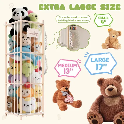 Miniatura 4 de Almacenamiento y organizador de animales de peluche, soporte de madera de 54 pulgadas de alto para juguetes de zoológico con bolsa de almacenamiento
