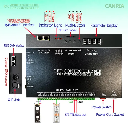 Miniatura 3 de Controlador LED de consola K16 ARTNET+DMX, control de iluminación profesional, adecuado para SPI TTL, en línea sin conexión, programable