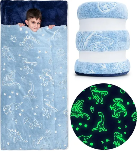 Saco de dormir para niños y niñas, brilla en la oscuridad para mayores de 3 años, grande con bolsillo para almohada, manta extra suave para niños