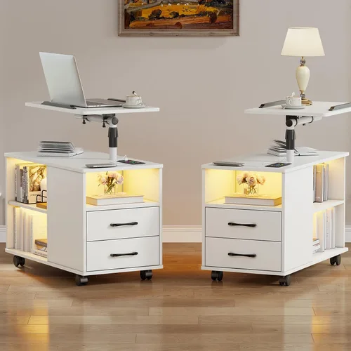 Miniatura 11 de WOOVIVS - Mesita de noche con estación de carga, mesa auxiliar con luces LED, mesa auxiliar inteligente con mesa giratoria ajustable/cajón