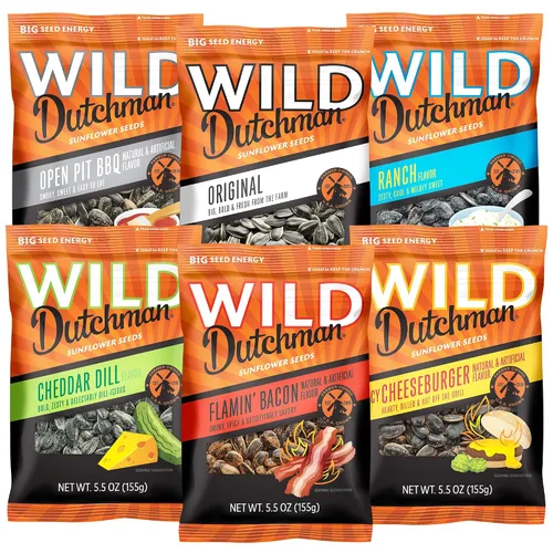 Wild Dutchman Semillas de girasol tostadas en una bolsa resellable para una frescura definitiva y un fácil vertido, paquete de 6 sabores variados,