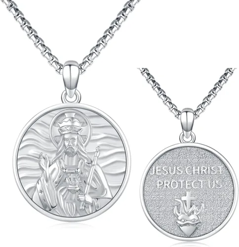 Miniatura 521 de Collar con colgante de plata de ley 925 con medalla de San Patrón, joyería religiosa para hombres y mujeres, con cadena de acero inoxidable 316L