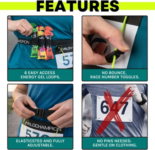 Miniatura 3 de VeloChampion Cinturón Riñonera para Correr – Ajuste Elástico Extensible para Triatlón, Maratón, Ciclismo y Portanúmeros de Carrera, Negro