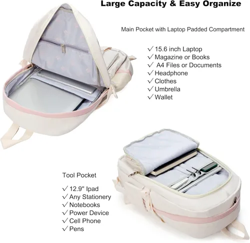 Miniatura 3 de Mochila para niñas con accesorios, bolsas para portátiles de 16 pulgadas, mochila escolar kawaii, mochila de viaje universitaria para adolescentes