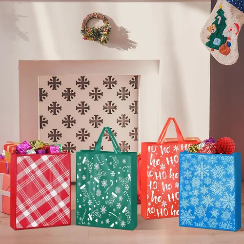 Miniatura 5 de Cholemy Paquete de 200 bolsas de regalo de Navidad a granel, bolsas de regalo de mercancía navideña con asas, bolsas de compras reutilizables