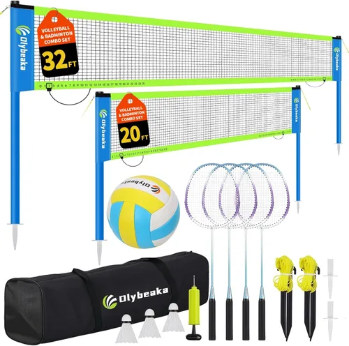 Outdoor Volleyball & Badminton Combo Net Set for Backyard, Beach with 2 Nets, Adjustable Poles, 4 Aluminum Rackets, PU Volleyball, Portable Carry