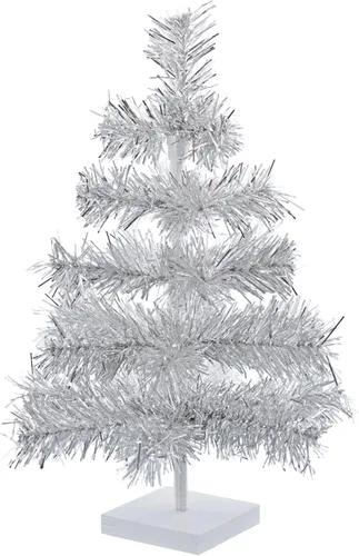 Árbol de Navidad de mesa pequeño de 18 pulgadas, ramas de plumas de oropel artificial clásico para interiores y exteriores, soporte de base de Plata
