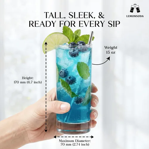 Miniatura 6 de LEMONSODA Juego de vasos Highball prémium de 12 oz/15 onzas, elegantes vasos Tom Collins, vasos altos para beber agua, cristalería de bar
