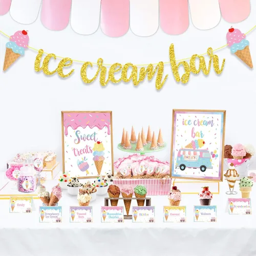 Kit de decoración de barra de helado, helado de verano, barra de helado con purpurina, letrero de mesa de helado, etiquetas de alimentos, tiendas de
