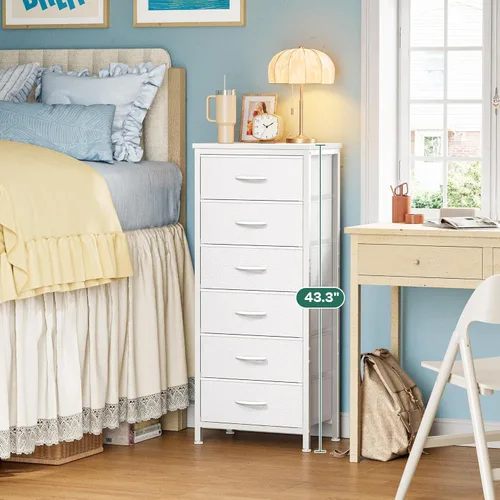 Miniatura 3 de Huuger Cómoda alta para dormitorio, cómoda estable de 7 cajones con dispositivo antipunta, cajones de piel sintética y tela, mesita de noche alta