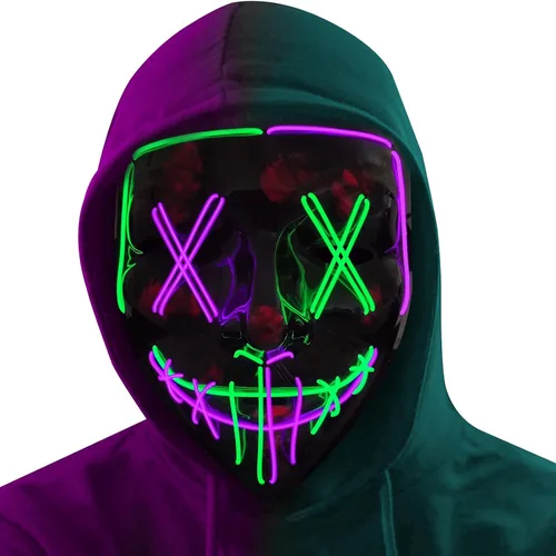 Miniatura 7 de Poptrend Máscara de Halloween con luz LED para festivales, cosplay, disfraz de Halloween, fiestas de máscaras, carnaval, regalos (azul)