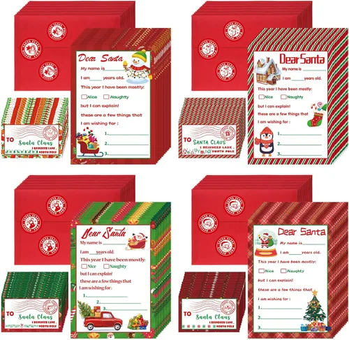 Cholemy 192 piezas de 48 juegos oficiales de cartas a Papá Noel, incluye tarjetas de Navidad con sobres a juego, sellos, calcomanías de 5 x 7 letras