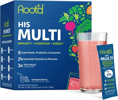Miniatura 7 de Root'd Multivitamínico en polvo para mujeres – 25 vitaminas y minerales con 3 electrolitos, 9 superalimentos orgánicos, probióticos y enzimas