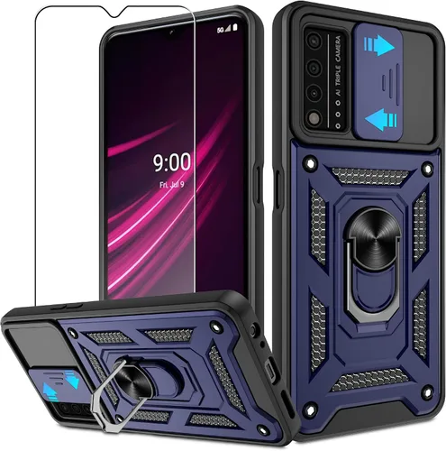 Miniatura 59 de ATUMP Funda para T-Mobile Revvl V Plus 5G con protector de pantalla HD con cubierta de cámara deslizante, soporte de anillo de rotación de 360° Negro