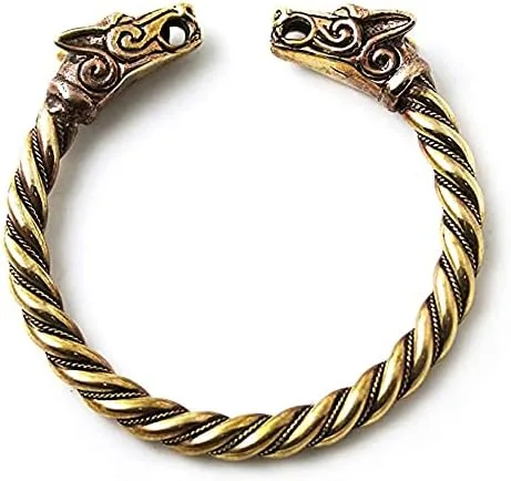 ARTIZANSTORE Brazalete de bronce nórdico vikingo Fenrir con cabeza de lobo trenzado brazalete brazo anillo joyería pagana, Hierro, No es una piedra