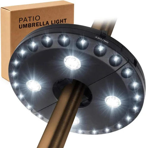 Parasol de sombrilla para patio, luces 3 en modo brillo e inalámbrico, 28 luces LED en 220 Lux. 4 x AA baterías de función, sombrilla con pértiga de