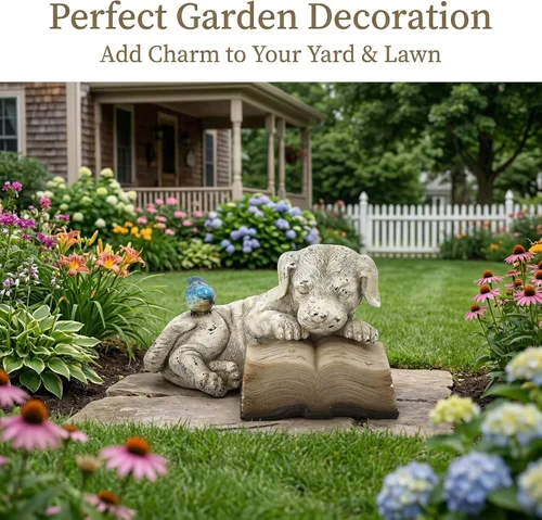Miniatura 4 de Topadorn Estatua de jardín solar para cachorros con libro LED brillante, perro de resina pintado a mano con pájaro azul, decoración de patio al aire