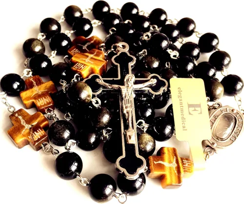 Miniatura 2 de elegantmedical Hecho a mano católico negro 0.394 in oro obsidiana cuentas Lourdes medalla de agua rosario cruz collar caja para hombre mujer regalo