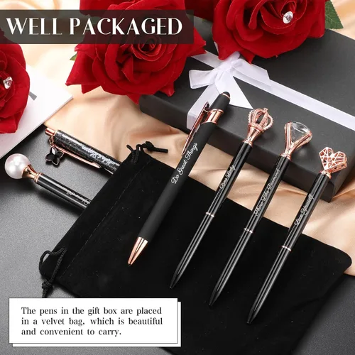 Miniatura 6 de Qeeenar 6 bolígrafos elegantes para mujer, bolígrafo de diamantes de cristal para diario, bonito bolígrafo con purpurina con caja, regalos Negro