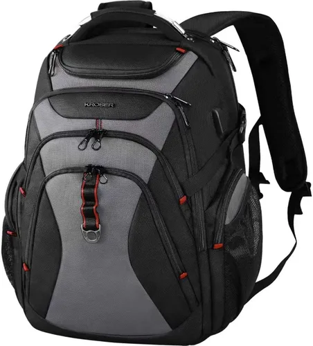 Miniatura 10 de KROSER Mochila de viaje para laptop de 18.4 pulgadas XXXL mochila para juegos con carcasa rígida Saferoom bolsillos RFID repelente al agua, mochila