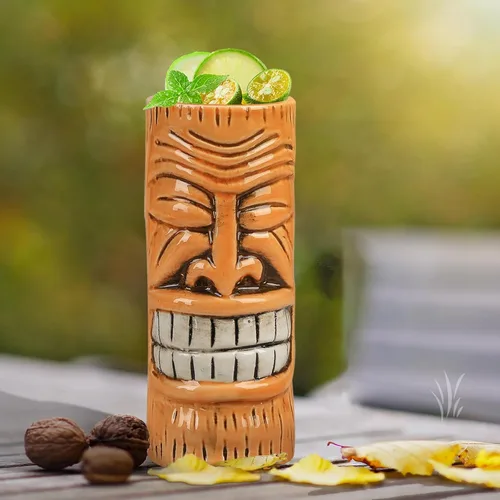 Miniatura 6 de Tiki - Juego de 2 tazas de cerámica hawaianas con pajitas de 15 onzas, hechas a mano, diseño único para fiestas