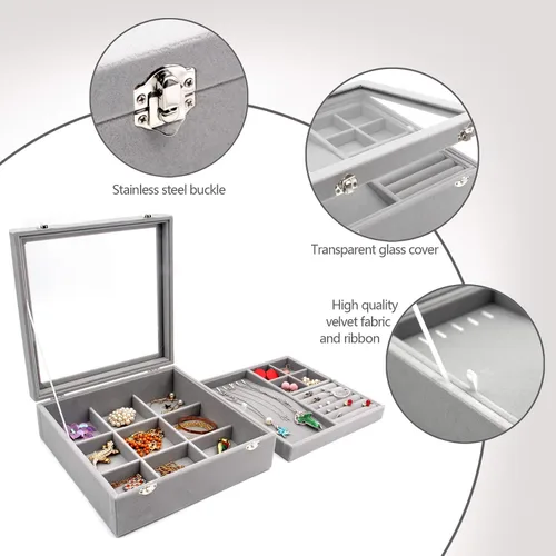 Miniatura 5 de KLOUD City Joyero con tapa de vidrio Caja de joyería de dos capas Organizador Display Storage Case (gris)