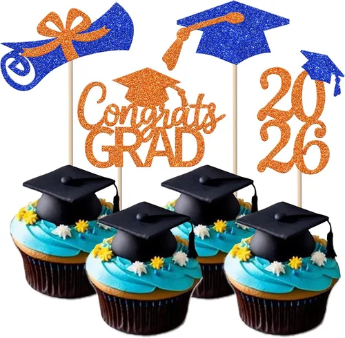 Miniatura 53 de Rsstarxi Paquete de 24 adornos para cupcakes de graduación 2026, con purpurina azul, para la clase de 2026, para diplomas, 24 piezas (6 diseños)