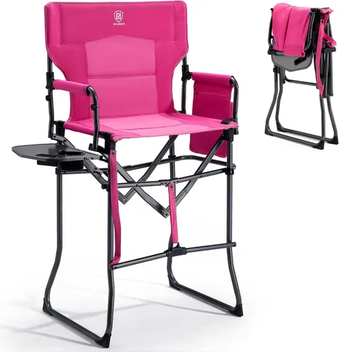 Miniatura 16 de EVER ADVANCED Silla alta de textileno para campamento, silla de directores de malla, taburete de bar plegable alto con mesa auxiliar para Malla Negra