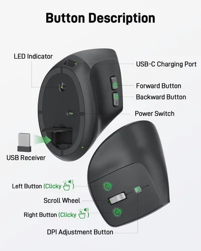 Miniatura 6 de Acer Ratón Ergonómico Inalámbrico, Ratón Vertical con DPI Ajustable 1000/1200/1600 con 6 Botones, Ratón Ergo Recargable con Receptor USB de 2.4GHz