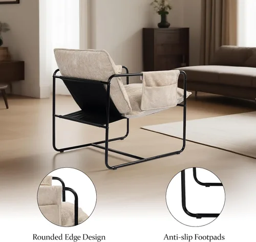 Miniatura 6 de Silla de acento moderna, cómodas sillas de sala de estar con reposabrazos, silla de lectura para dormitorio, silla de metal tapizada de chenilla