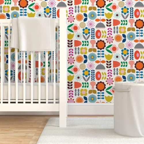 Miniatura 6 de Spoonflower Despegar y pegar papel tapiz Muestras - Mod Jardín escandinavo Scandi Arte Flores Margarita Azul Marino Naranja Rosa Vivero Floral