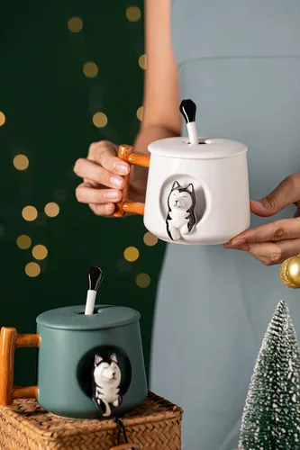 Miniatura 4 de DIHOclub Taza de café de cerámica con tapa y cuchara a juego, taza novedosa 3D con patrón de Husky para té, leche, chocolate, jugo, taza linda
