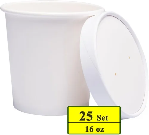 Miniatura 2 de Vasos de papel para helado con tapas de papel, tazas de sopa caliente/fría con tapas (blanco) (25, 16 oz)