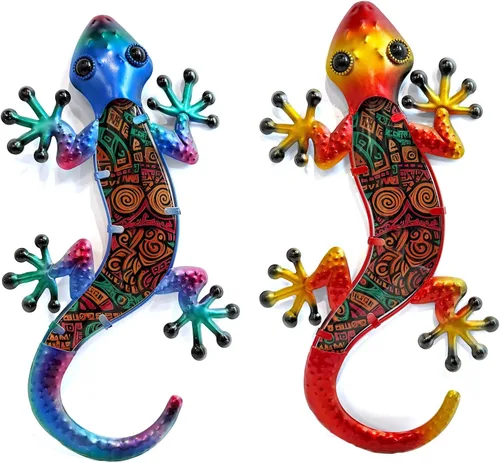 Miniatura 16 de HONGLAND Arte de pared de Gecko de metal, 2 unidades de lagarto de 15 pulgadas, decoración para exteriores, escultura de vidrio colgante, decoración