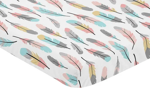 Miniatura 2 de Sweet JoJo Designs Sábana bajera ajustable para cuna portátil para bebé niña coral y turquesa para colección de plumas, para mini cuna o paquete